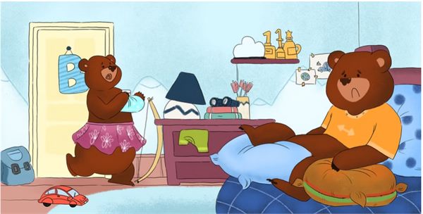 Children’s book spread with two bears in a bedroom