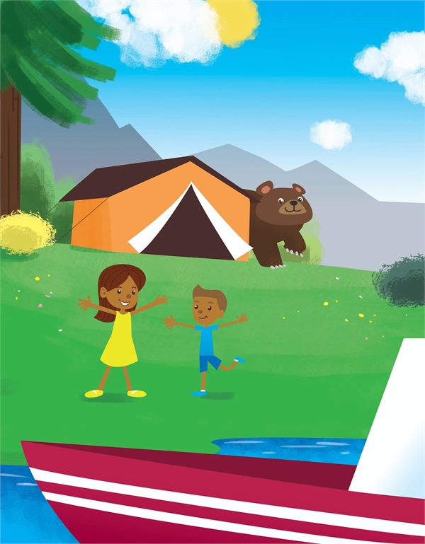 Children’s book scene of two children camping near a bear