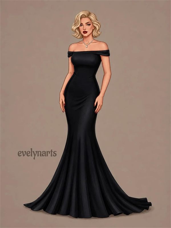Fashion illustration of a woman in a black evening gown