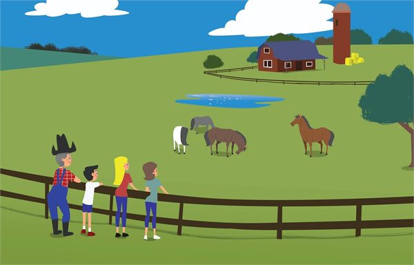 Children’s book scene of a family visiting a farm