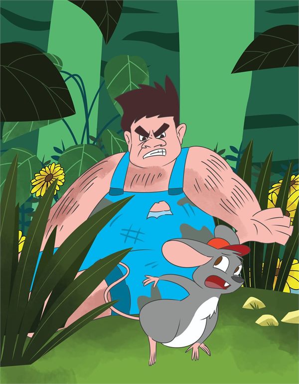 Cartoon illustration of a farmer holding a startled mouse