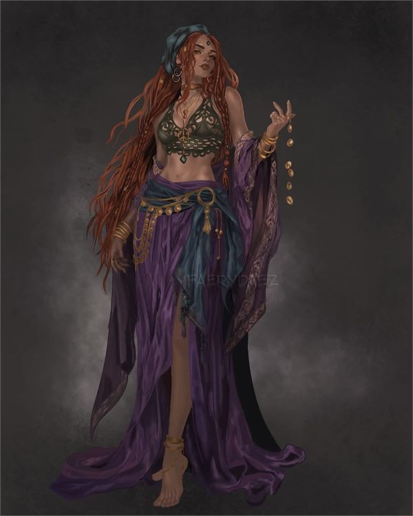 Character design of a fortune teller in a purple gown