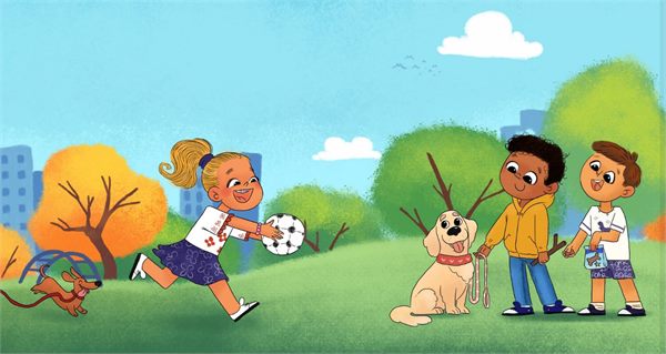 Children’s book spread of children playing in a park