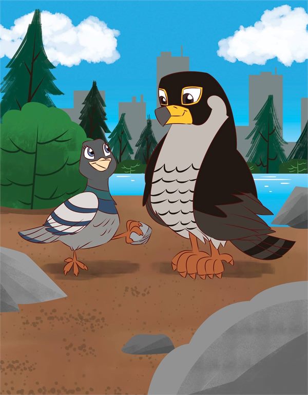 Children’s illustration of a penguin and a pigeon by a river