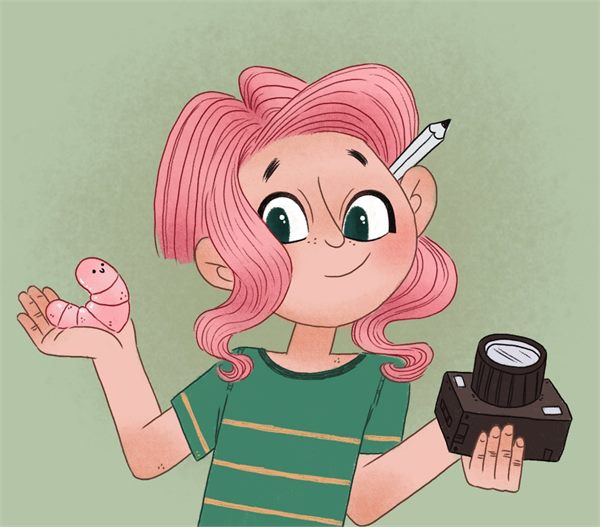 Character design of a girl with pink hair holding a camera