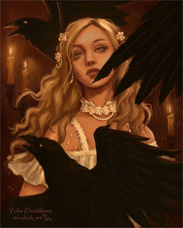 Fantasy portrait of a woman surrounded by ravens