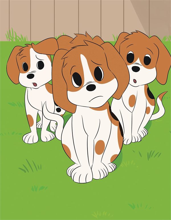 Children’s illustration of three puppies in a garden