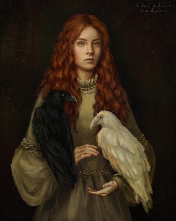 Painted portrait of a woman holding a white raven