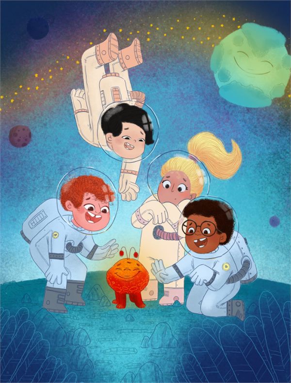 Children’s book art of young astronauts on a planet